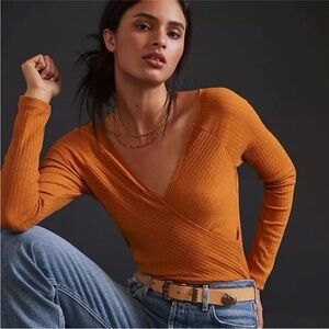 Anthropologie Maeve Mustard Yellow Ribbed Ballet Wrap Long Sleeve Top